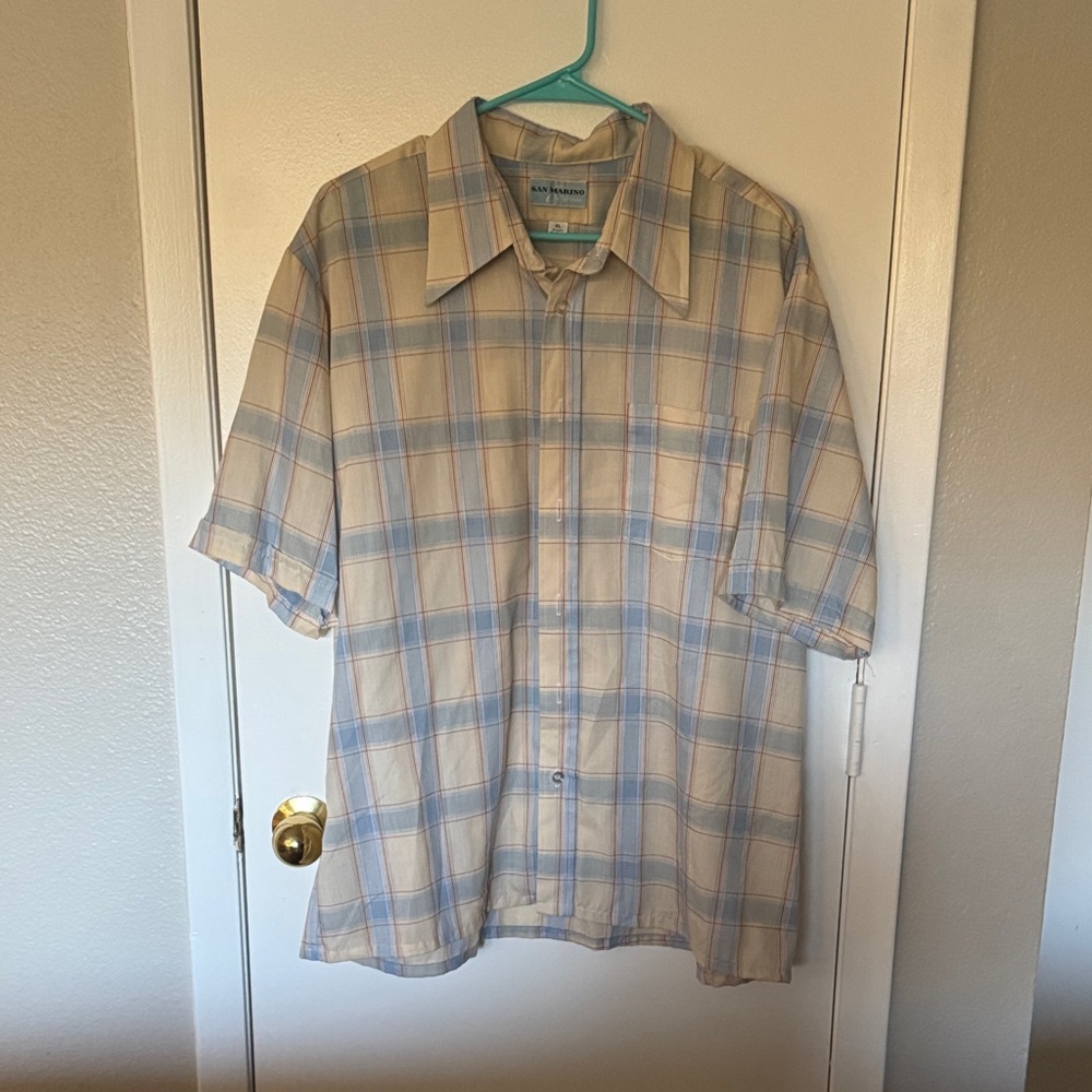 Men's 70s Beige and Blue Plaid Button Down